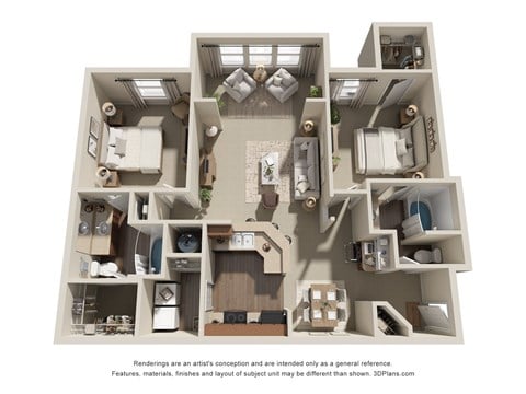 Floor plan for 2 beds, 2 baths, 1256 sqft